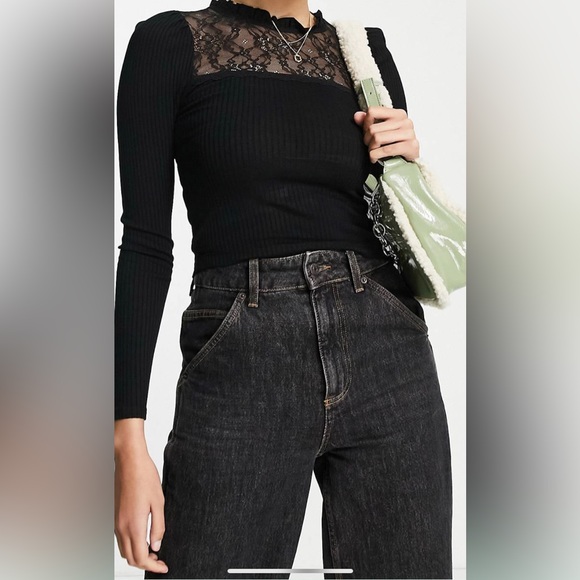 long sleeve black ribbed shirt with lace detailing. Size XS/S. - Picture 1 of 8